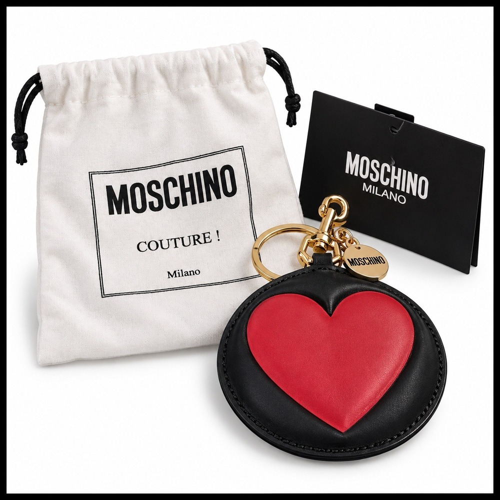 Moschino Couture Milano Black Leather Red Heart Gold Keychain Bag Charm Italy